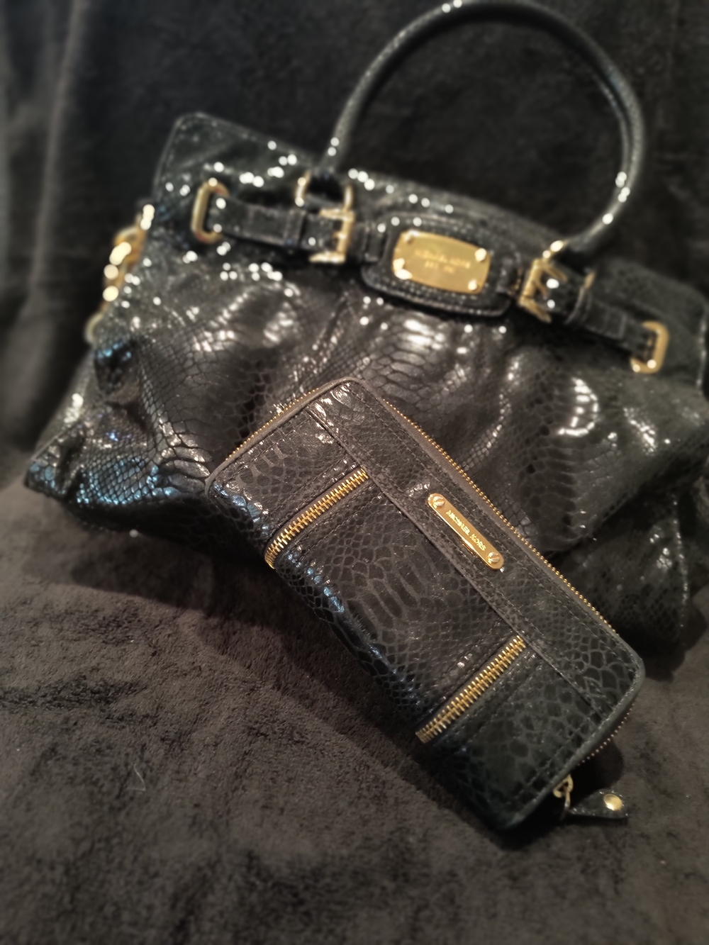 Michael Kors Hamilton Python-Embossed Leather Satchel and Wallet Set Black